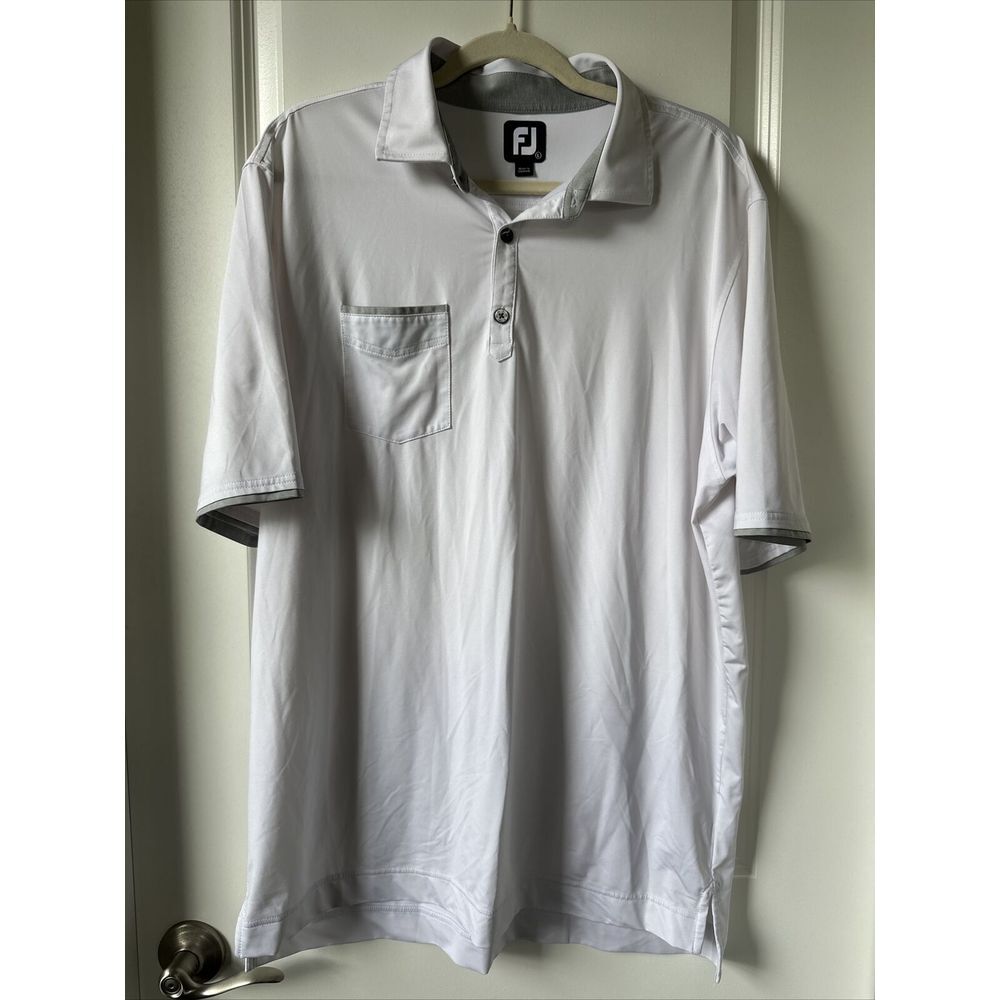 Footjoy FJ Polo Shirt Mens Large White Gray Solid Golf Athletic Short Sleeve